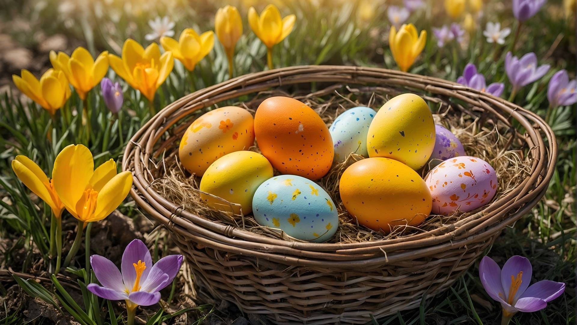 Ein mit bunten Eiern gefülltes Osternest inmitten von Krokusblüten