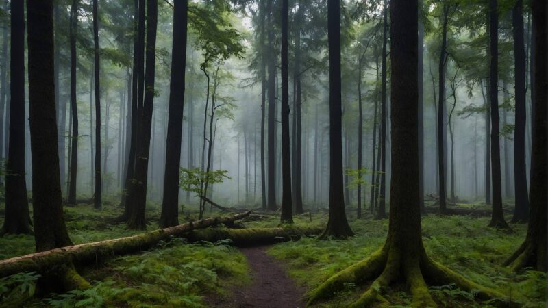 Ein grüner Wald mit hohen, alten Bäumen, dichtem Bodenbewuchs und Nebel