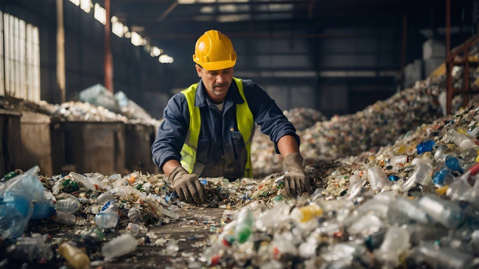 Ein Arbeiter wühlt sich durch einen großen Stapel Plastikmüll
