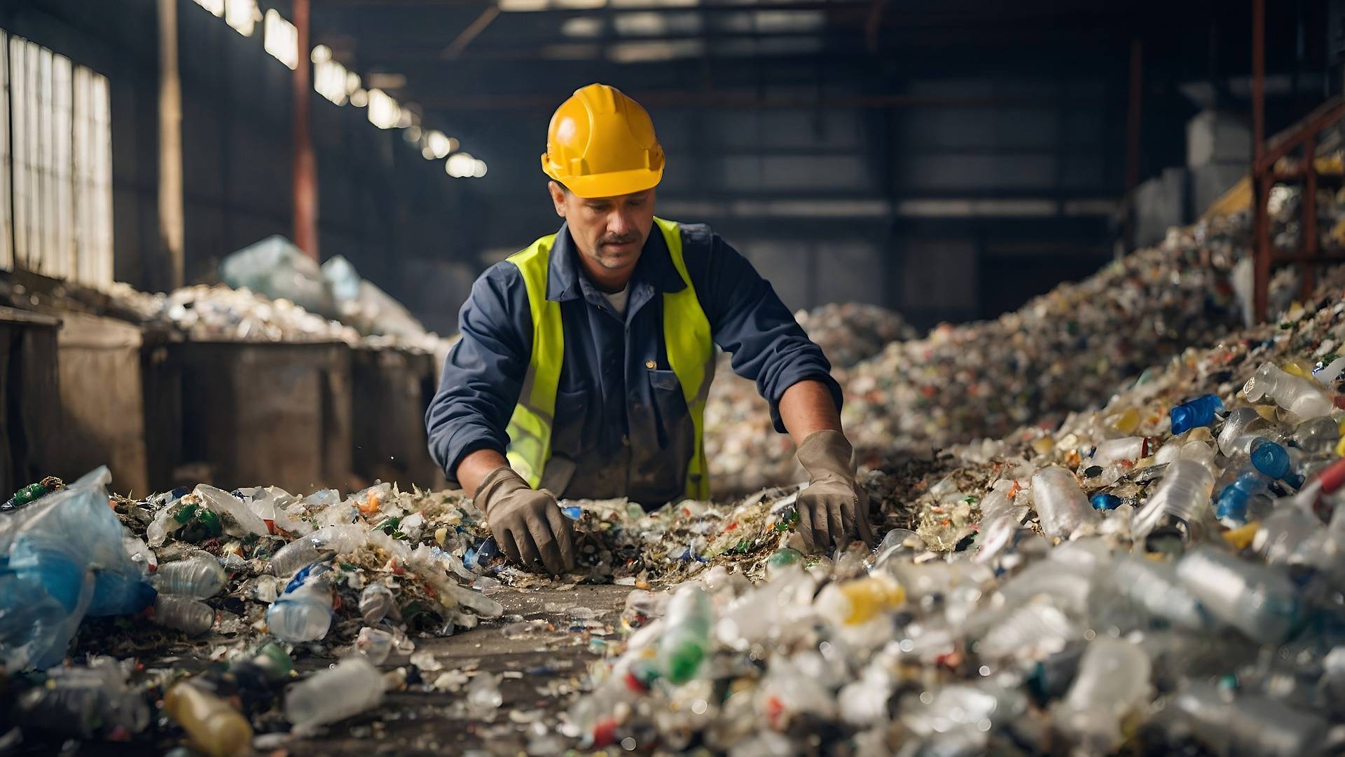 Ein Arbeiter wühlt sich durch einen großen Stapel Plastikmüll