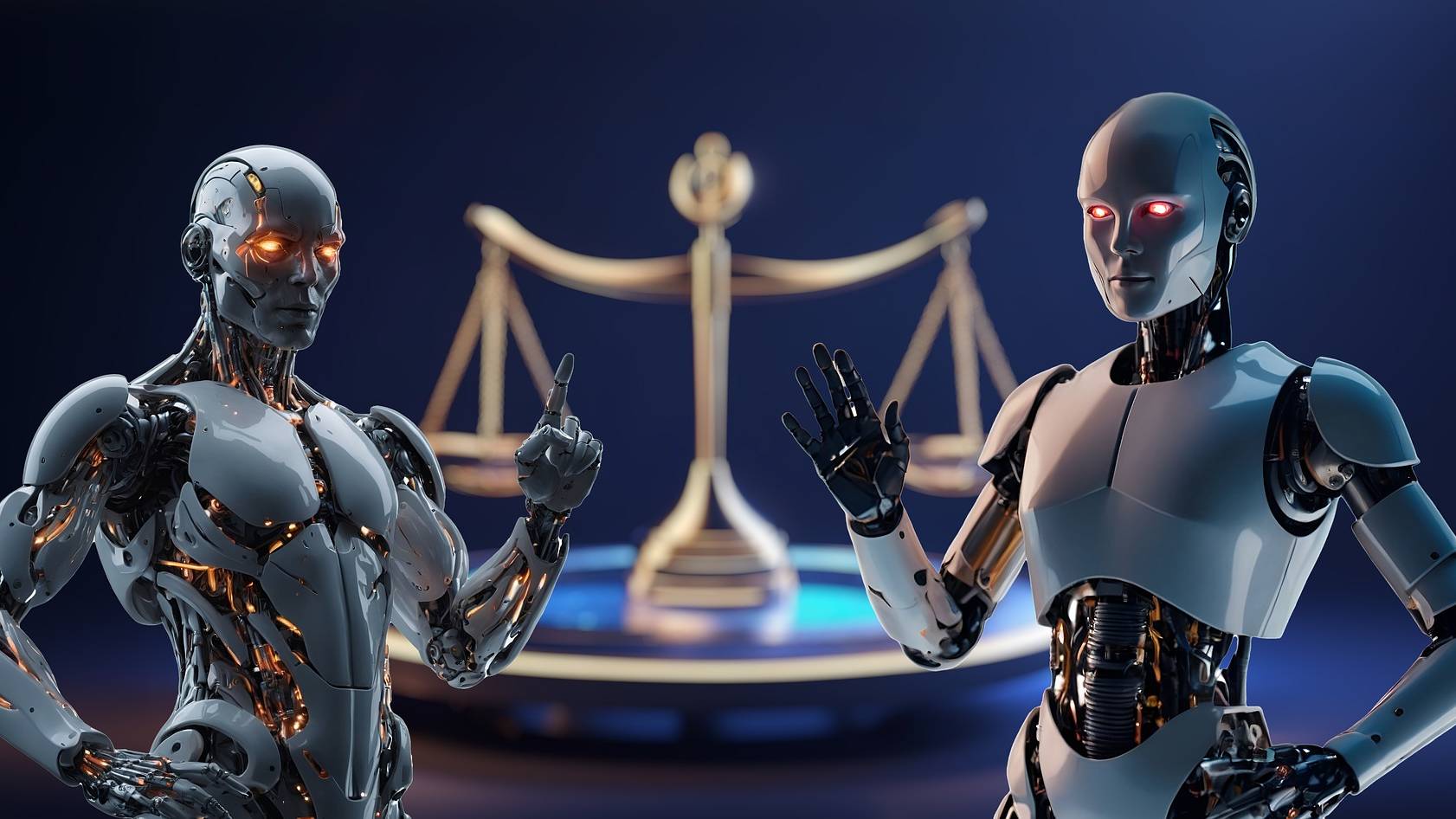 Zwei humanoide Roboter vor einer goldenen Waage als Symbol für Recht, Gerechtigkeit und Gesetz