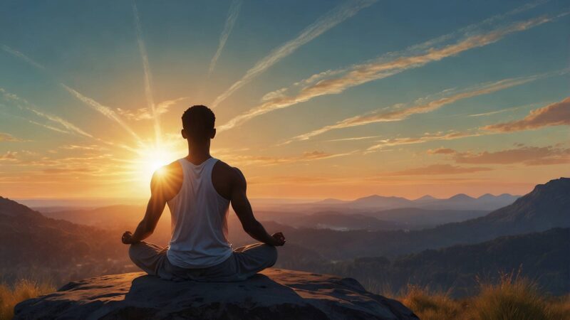In der Ruhe liegt die Kraft: Ein Mann meditiert bei Sonnenaufgang auf einem Berggipfel