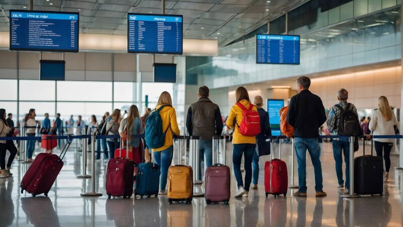 Ab in den Urlaub: Wartende Passagiere am Flughafen vor den Anzeigetafeln