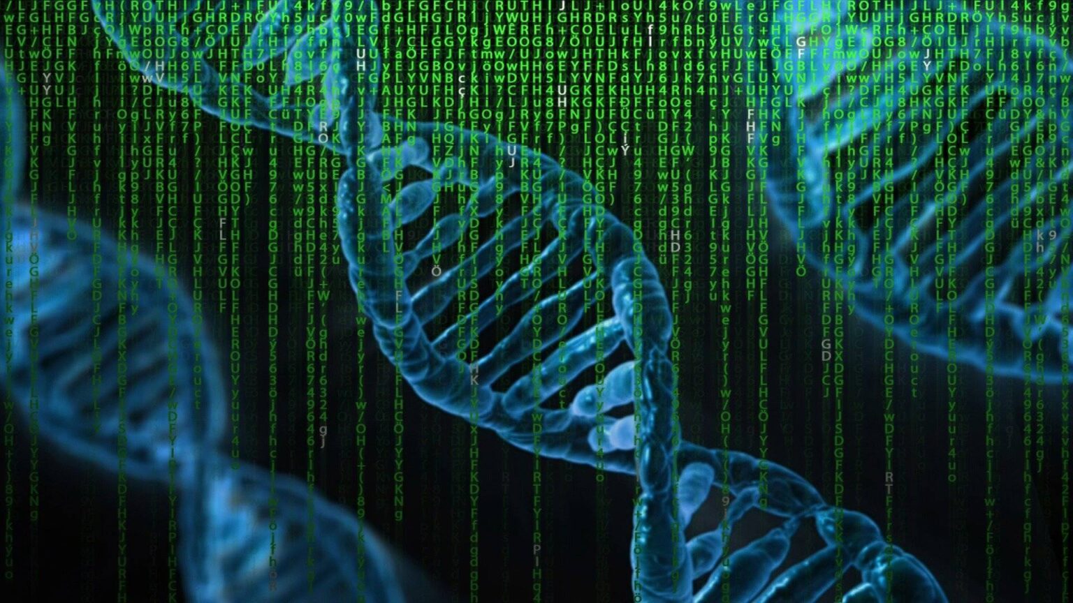 Illustration eines DNA-Strangs mit grünem Code im Vordergrund