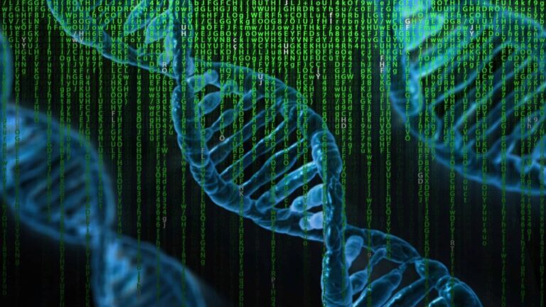Illustration eines DNA-Strangs mit grünem Code im Vordergrund