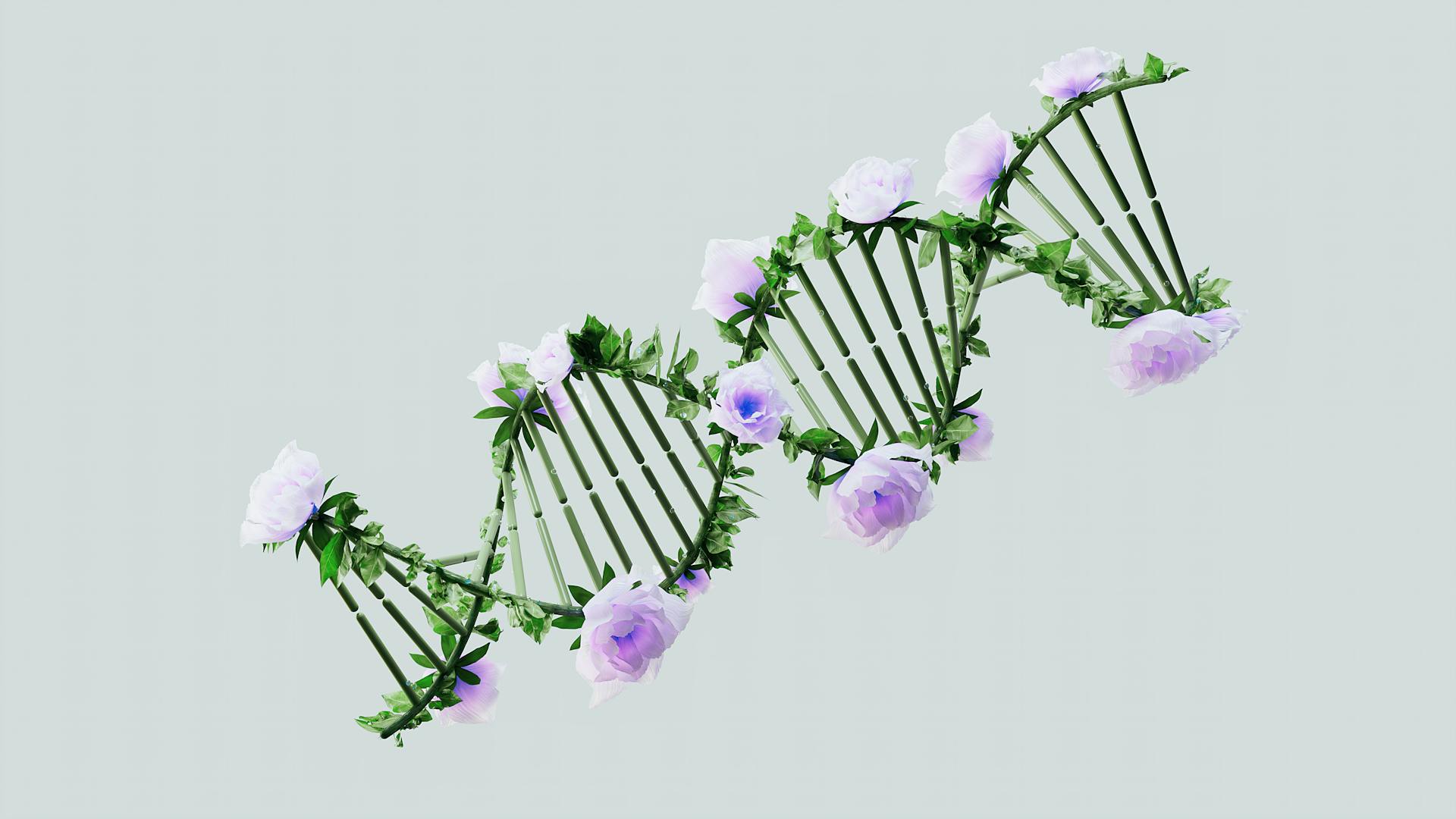 Illustration eines DNA-Strangs mit hellvioletten Blumen