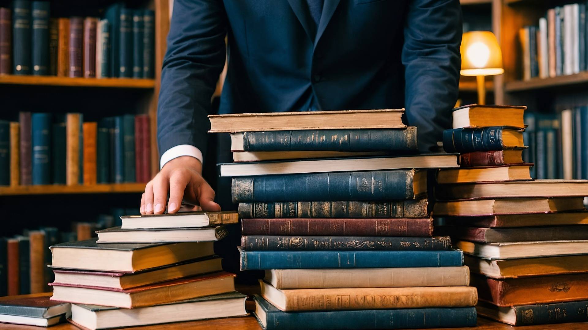 Ein Mann im Anzug steht vor großen Stapeln mit alten Büchern in einer Bibliothek