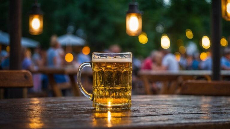 Ein Seidel Bier steht auf einem Holztisch