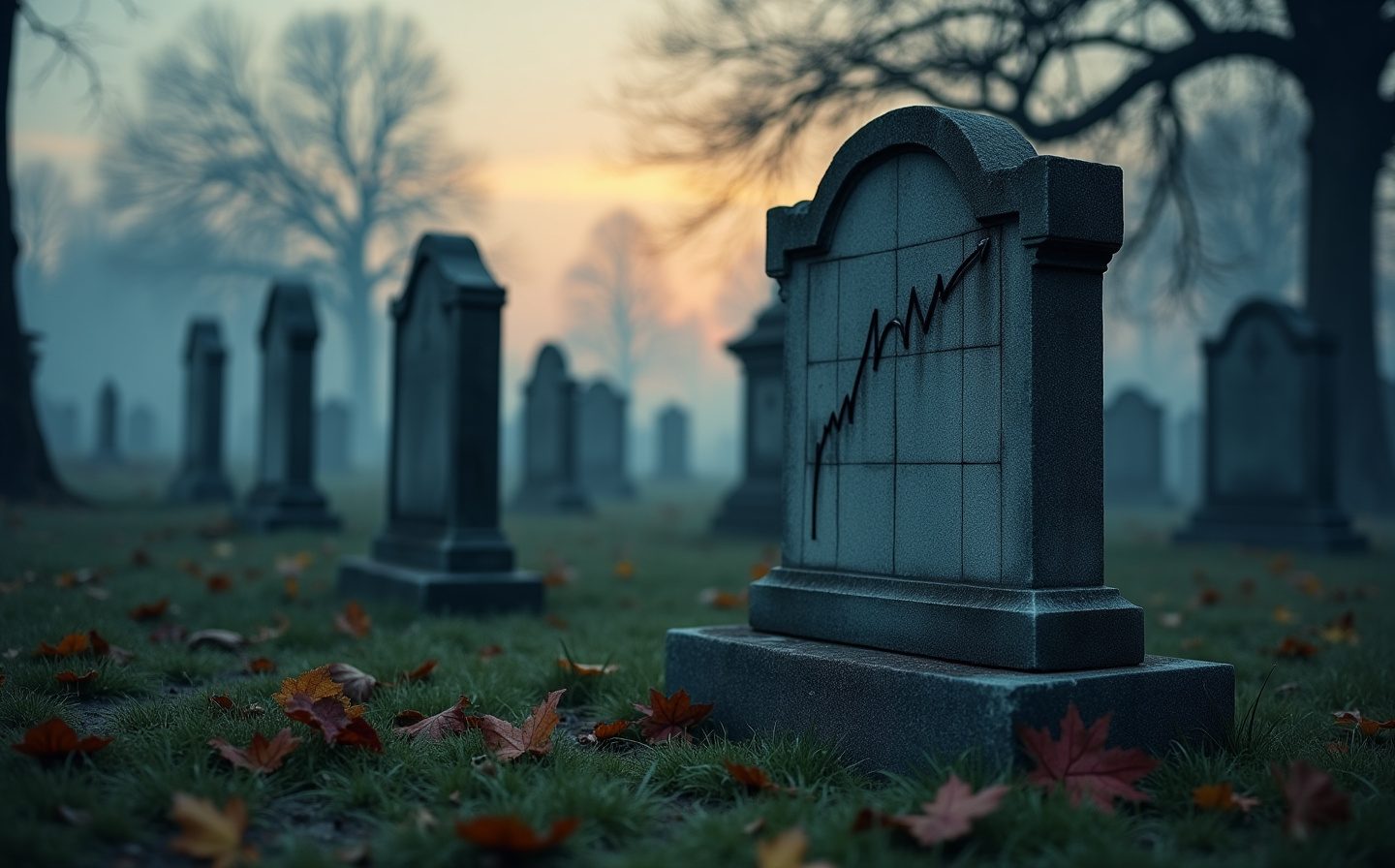 Ein nebliger Friedhof mit einem Grabstein, auf dem ein Aktienkurs abgebildet ist