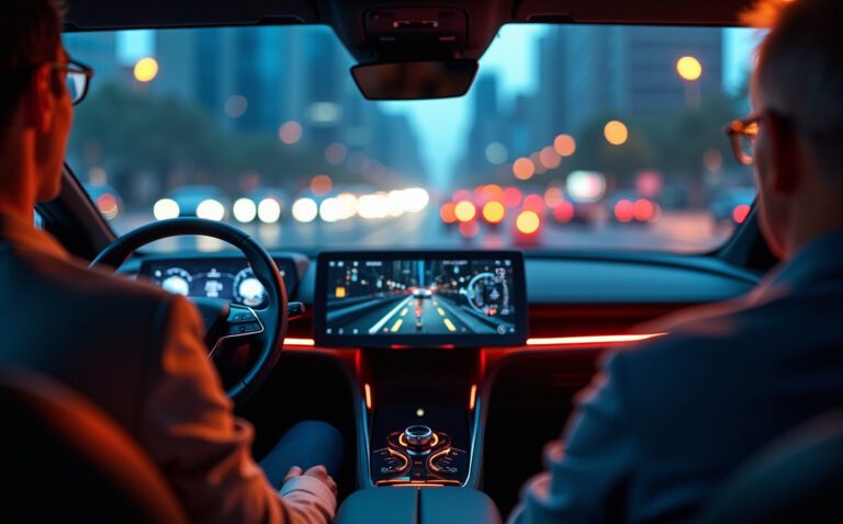 Ein autonomes Auto navigiert durch den Großstadtverker, ohne dass der Fahrer die Hände am Lenkrad hat