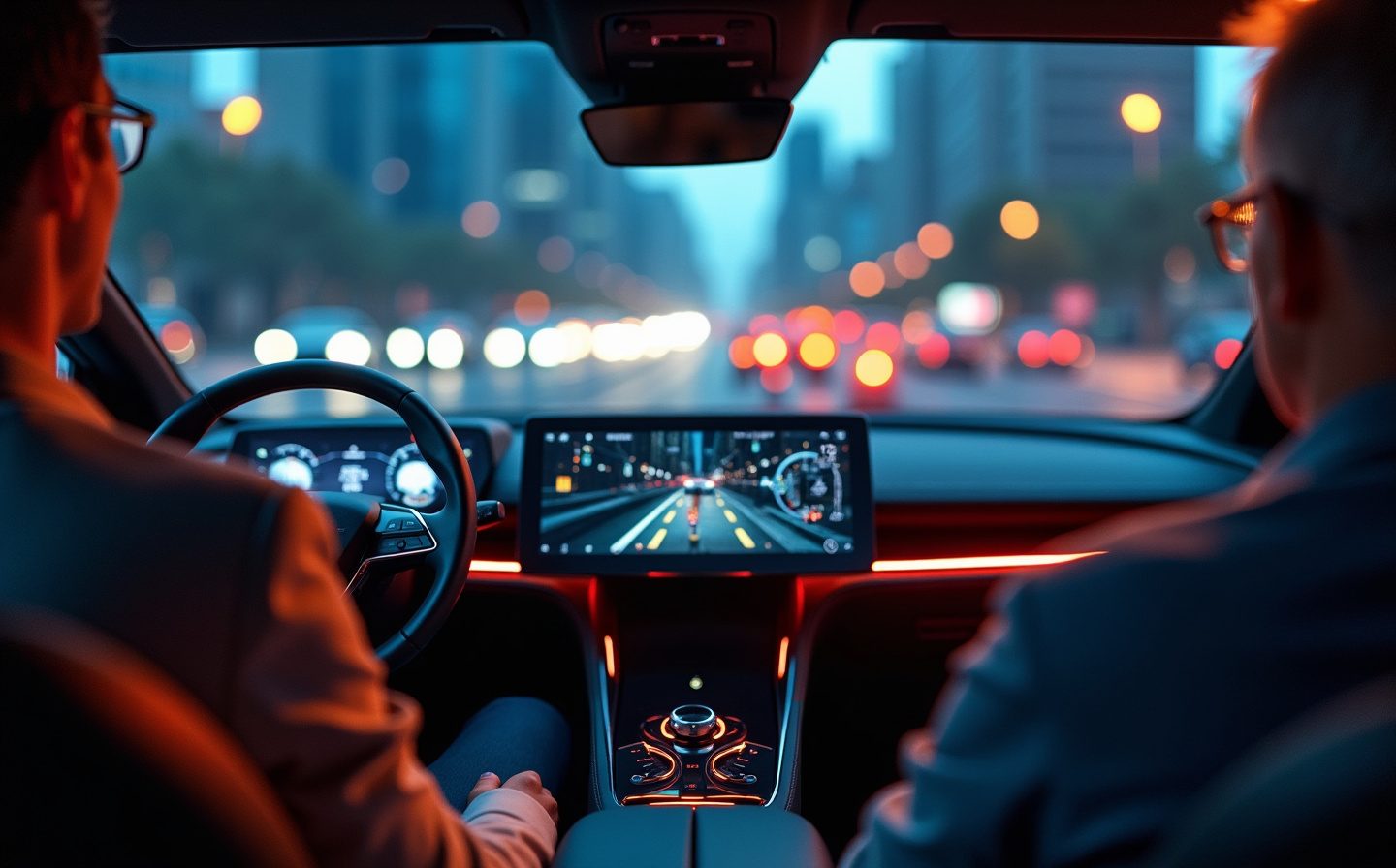 Ein autonomes Auto navigiert durch den Großstadtverker, ohne dass der Fahrer die Hände am Lenkrad hat