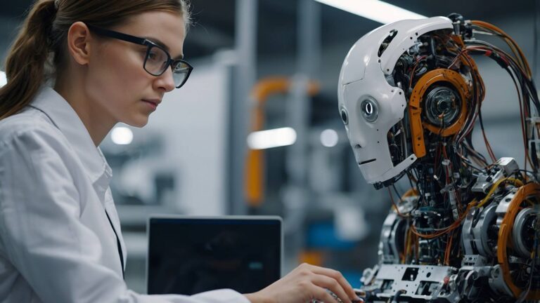 Eine Frau arbeitet mit einem humanoiden Roboter