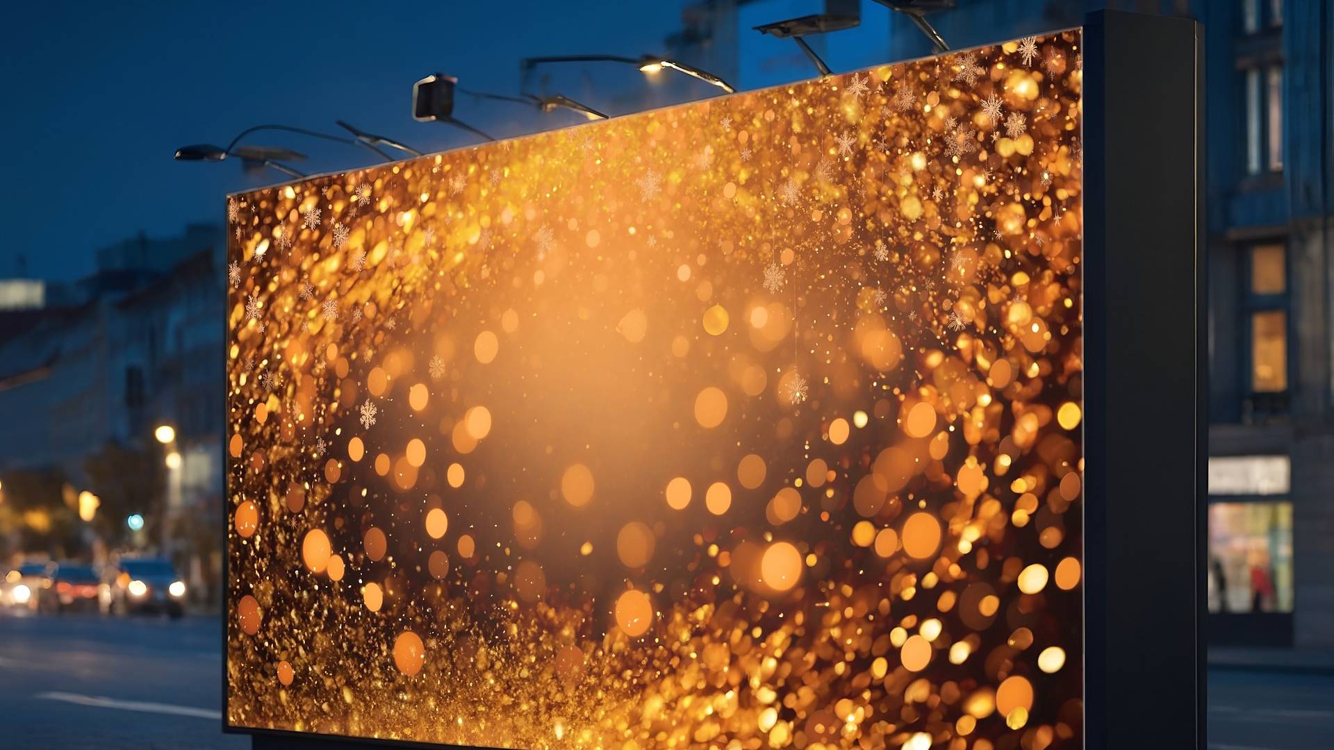 Eine golden leuchtende digitale Werbelfläche in einer Stadt