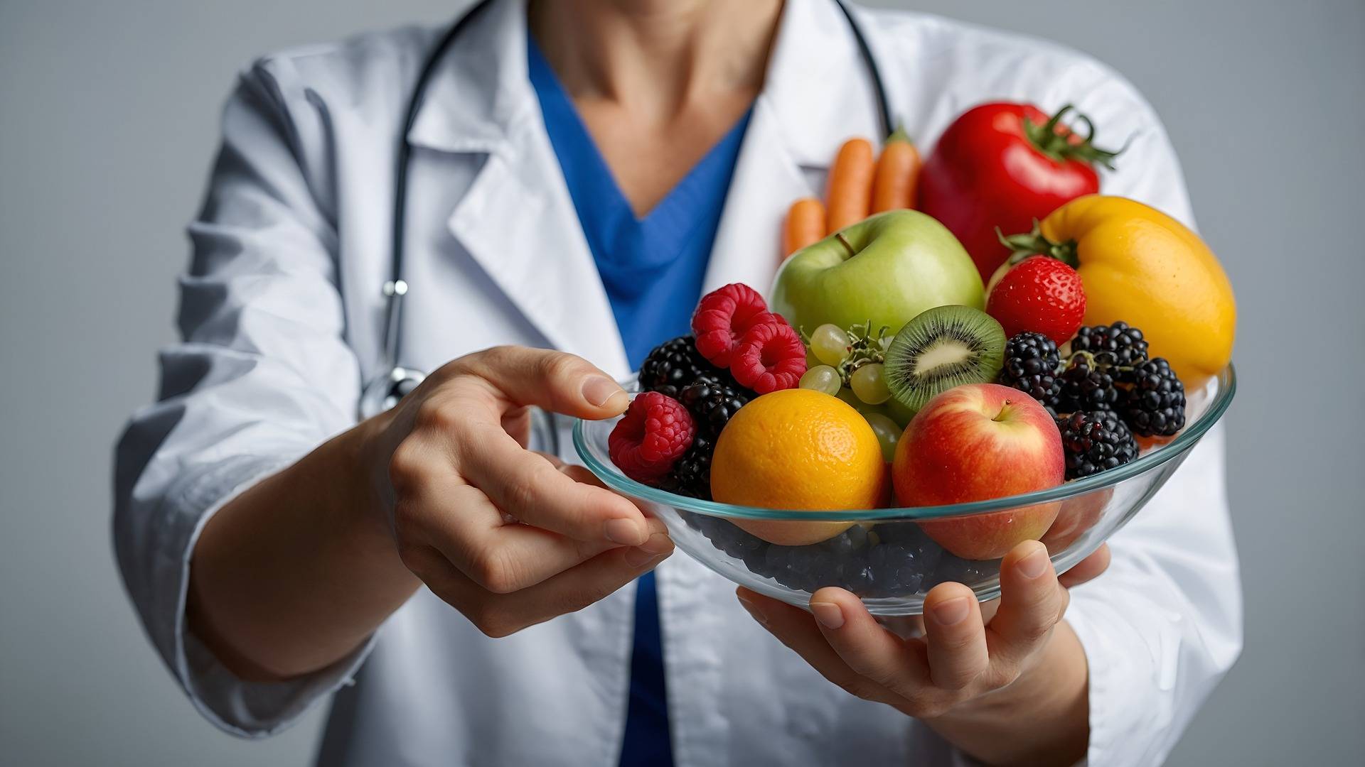Eine Ärztin hält eine Glasschüssel mit diversen Früchten und Beeren als Symbol für gesunde pflanzliche Ernährung