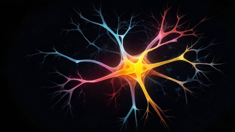 Illustration eines bunt leuchtenden Neurons vor schwarzem Hintergrund