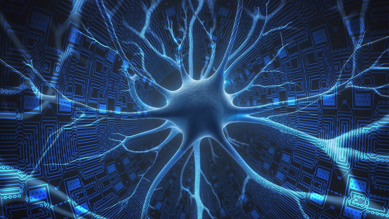 Illustration eines Neurons, umgeben von Schaltkreisen auf einem Motherboard