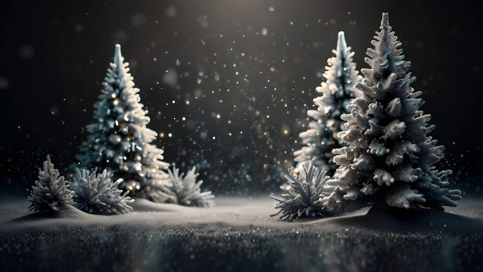 Weiße Tannen glitzern vor dunklem Hintergrund im hellen Licht