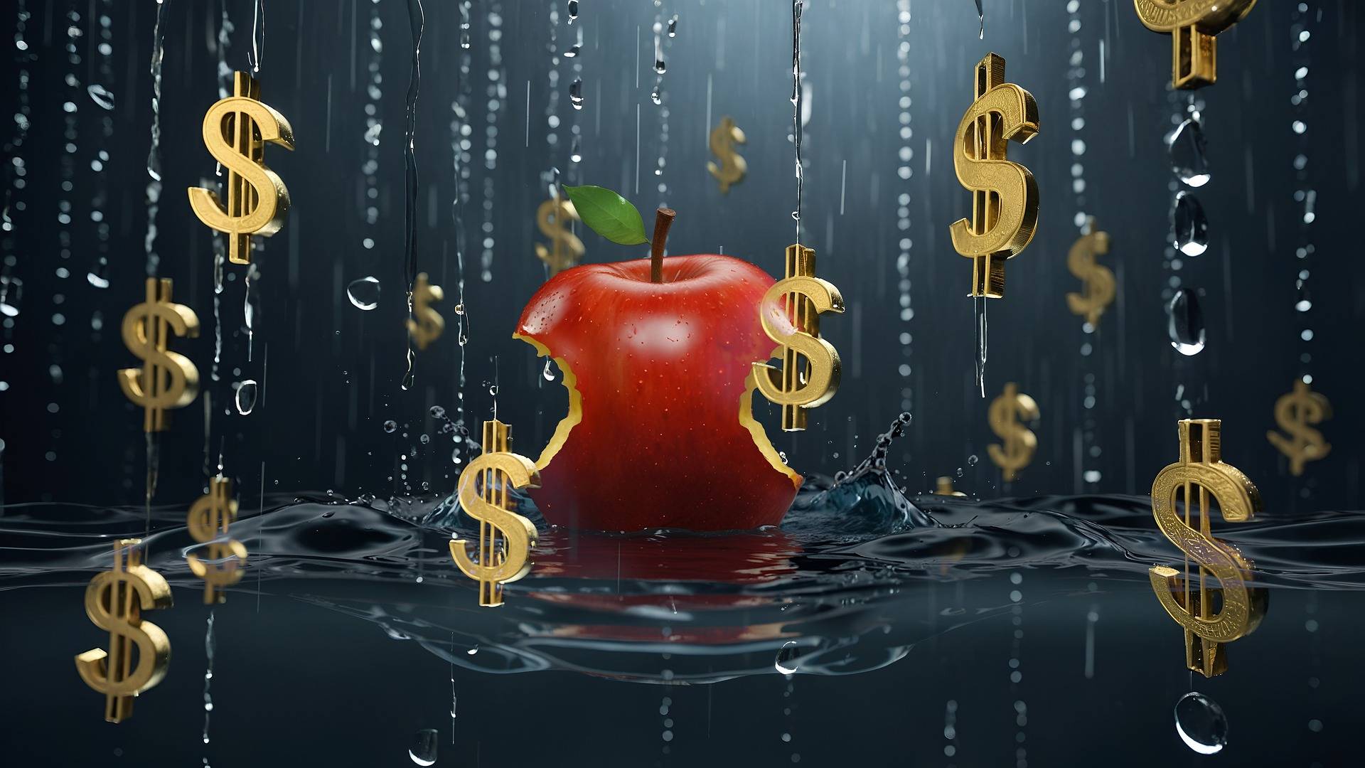 Ein auf zwei Seiten angebissener Apfel umringt von goldenen Dollarzeichen