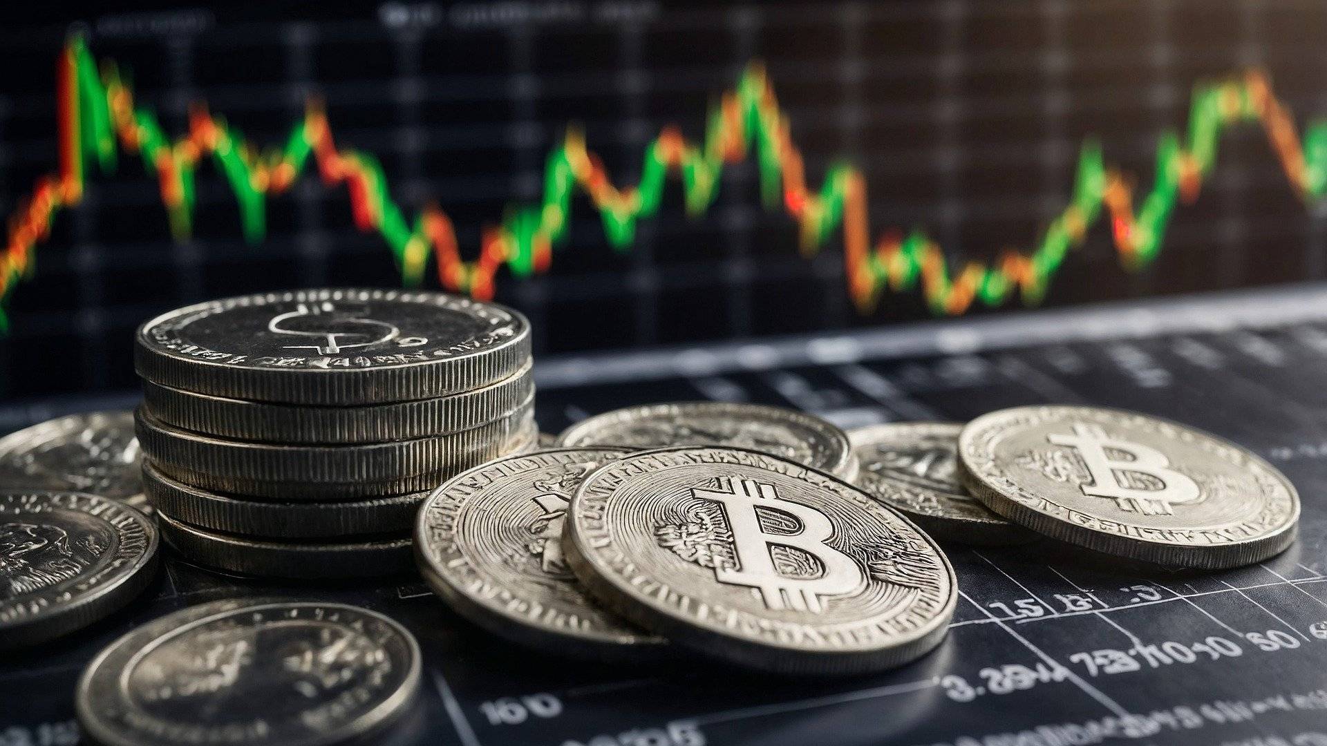 Bitcoin-Münzen vor einem Kryptowährungs-Chart