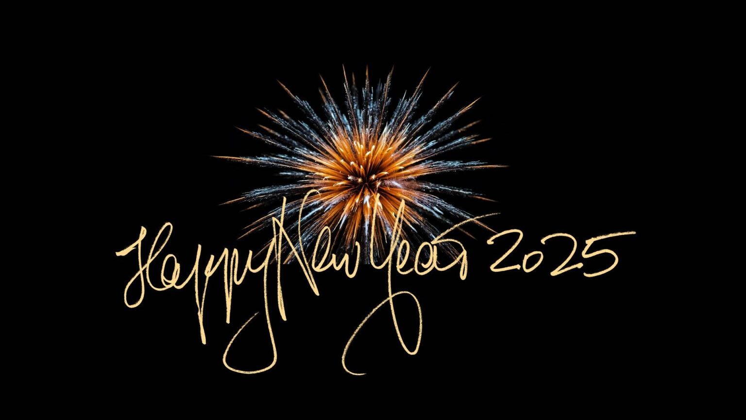 Feuerwerk in gold und hellblau, darunter der Schriftzug "Happy New Year 2025"