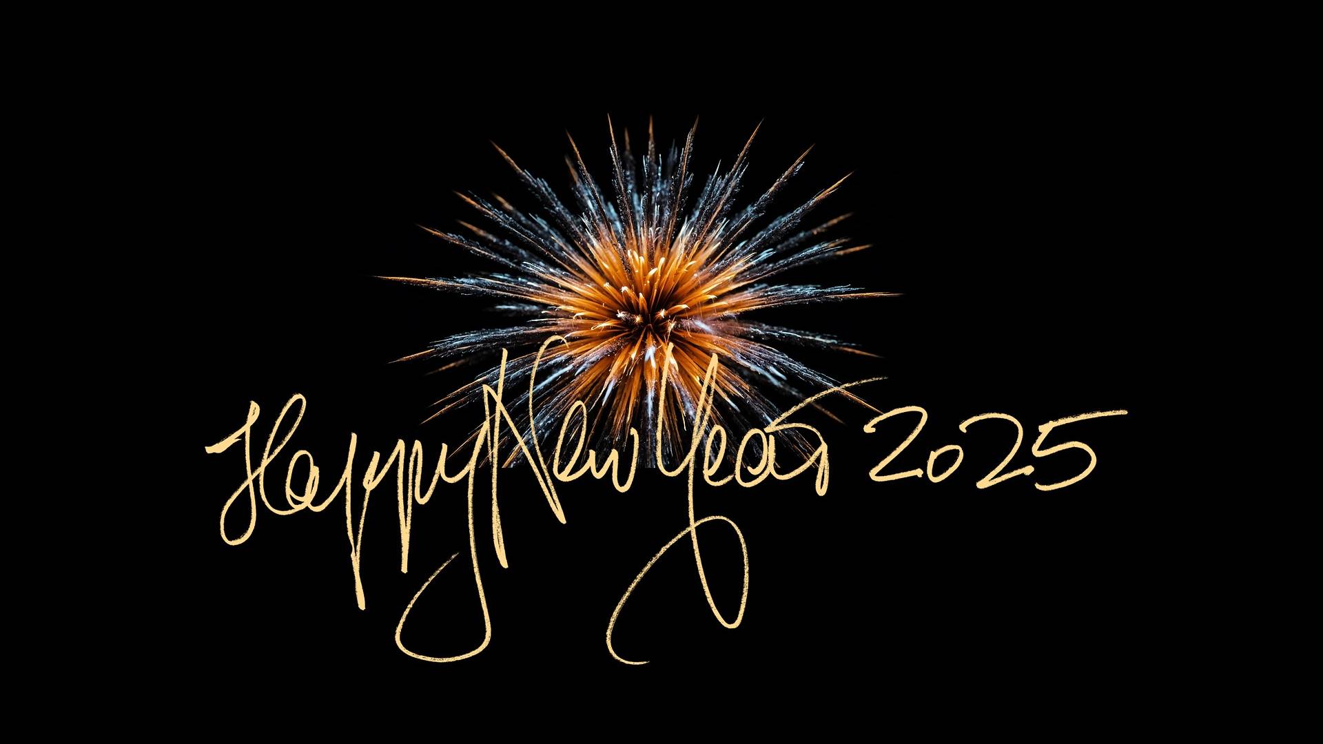 Feuerwerk in gold und hellblau, darunter der Schriftzug "Happy New Year 2025"