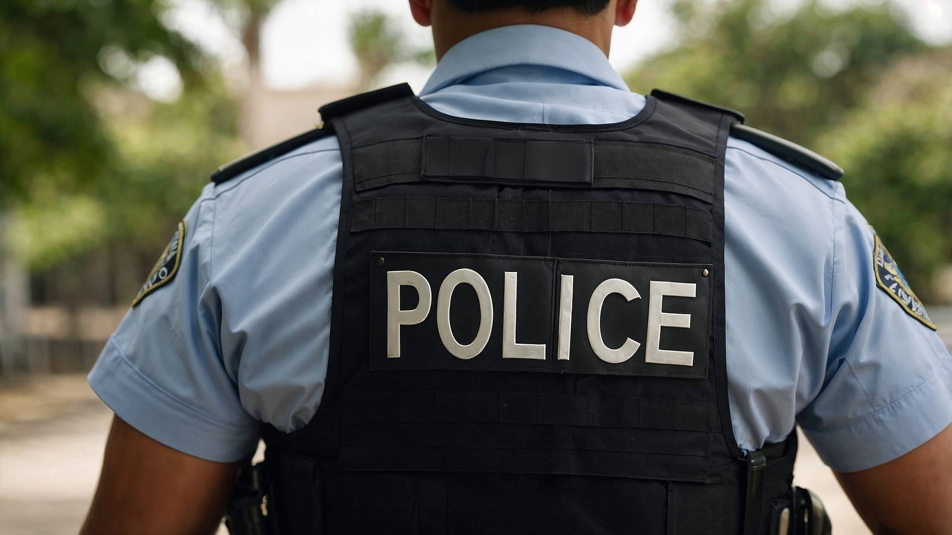 Das Torso eines Polizisten von hinten