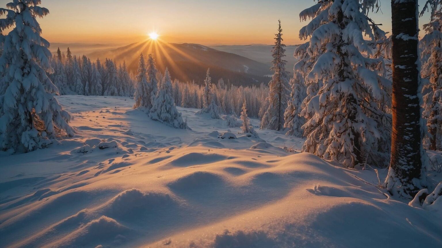 Eine bergige Winterlandschaft im Sonnenaufgang