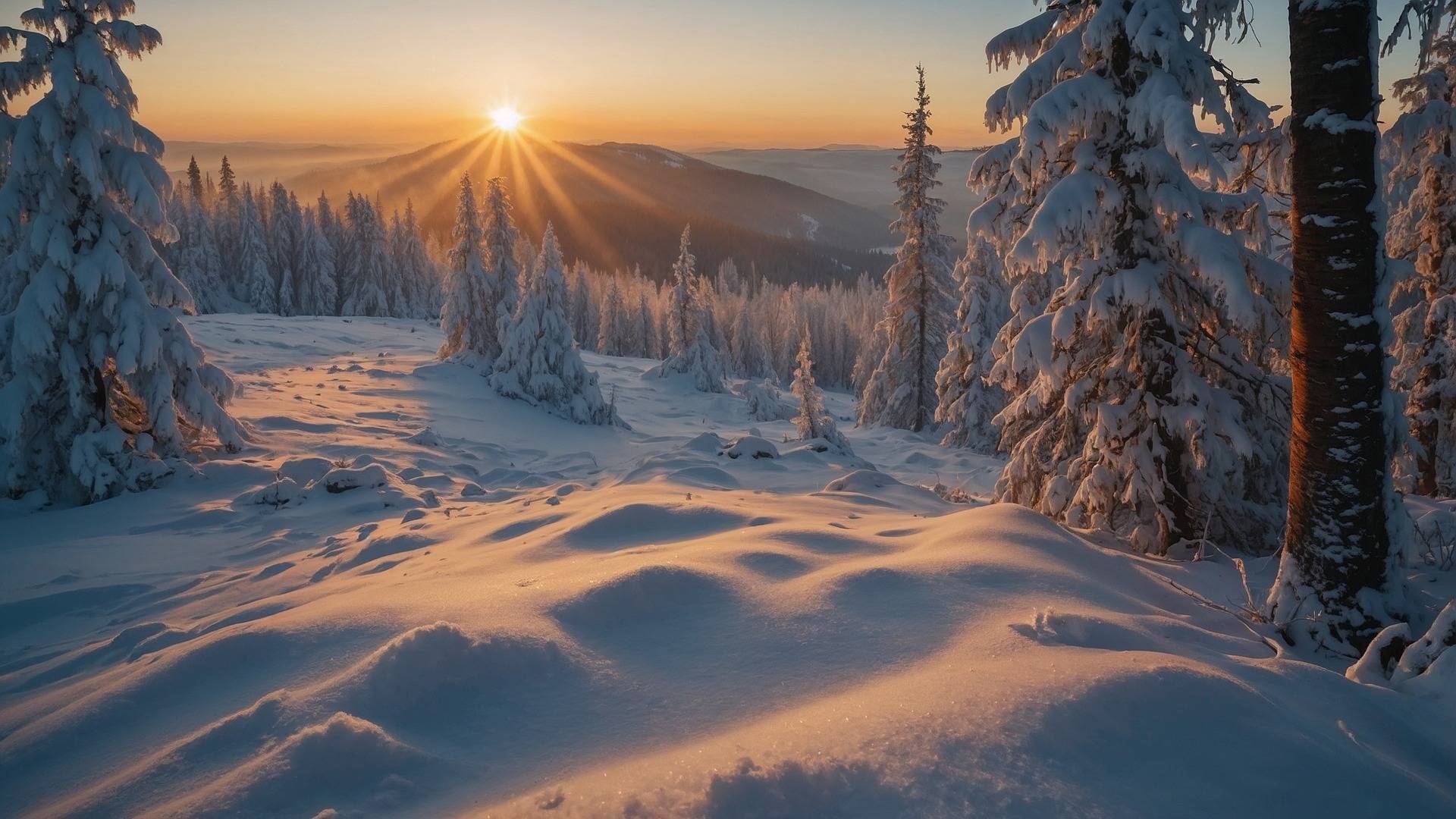 Eine bergige Winterlandschaft im Sonnenaufgang