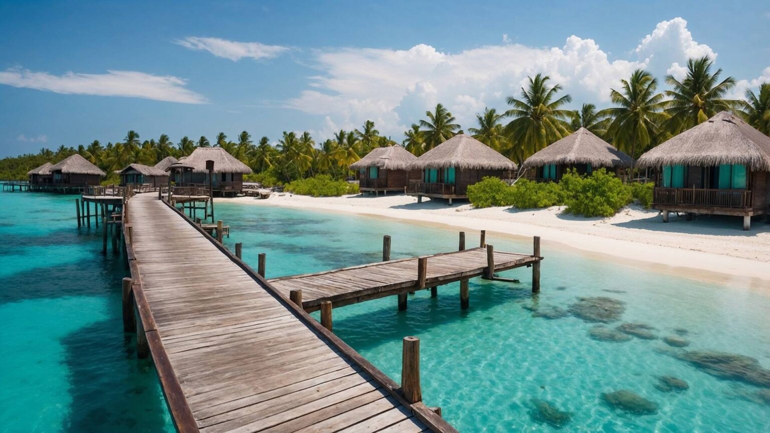 Ein tropisches Urlaubsresort mit Holzstegen und Holzhütten auf türkisblauem Wasser