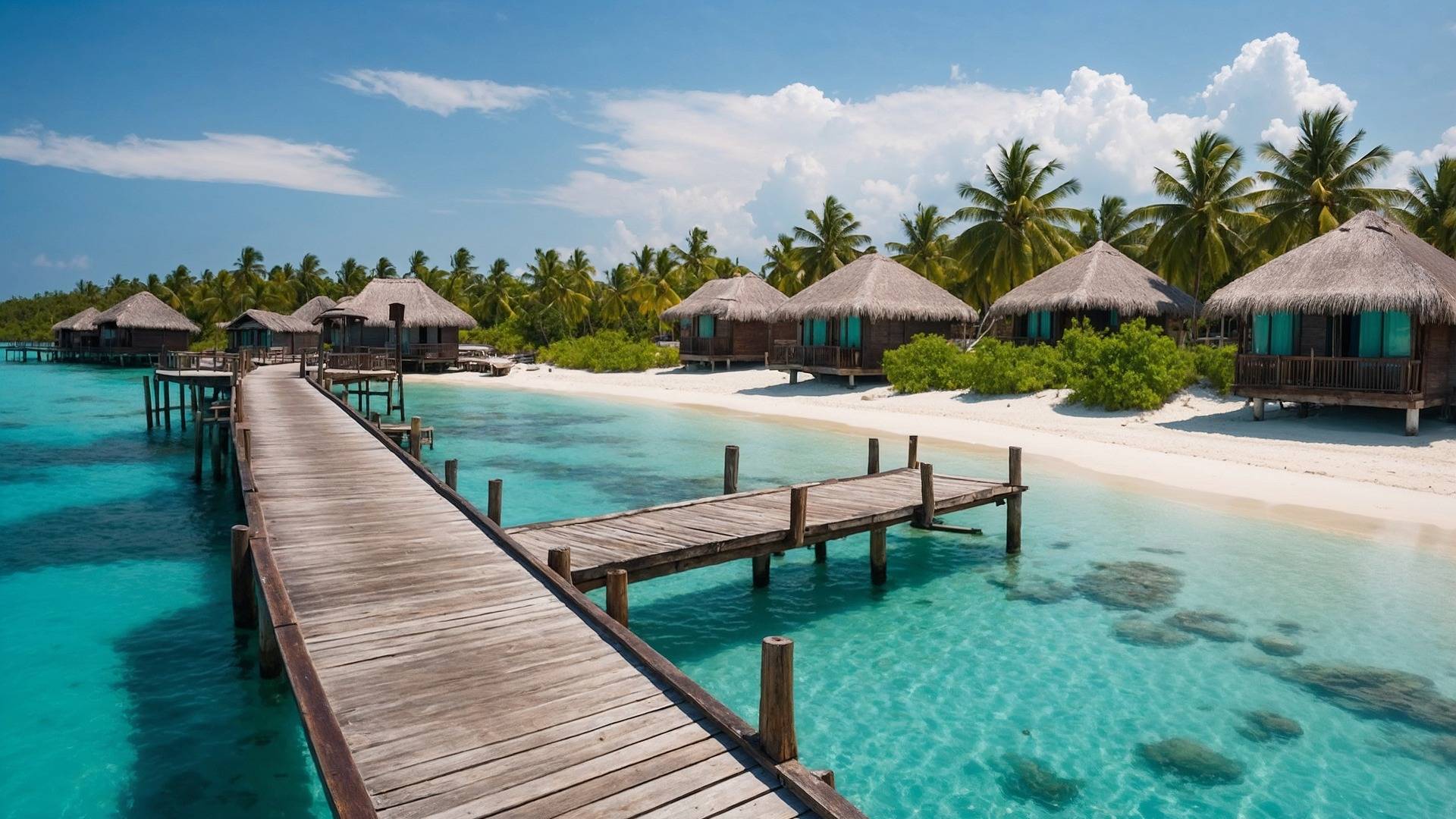Ein tropisches Urlaubsresort mit Holzstegen und Holzhütten auf türkisblauem Wasser