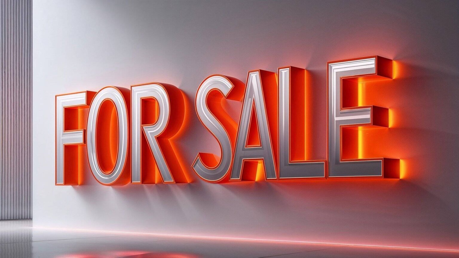 Großer roter Schriftzug "For Sale" an einer weißen Wand