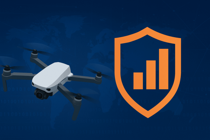 Droneshield-Aktie Logo und eine Abbildung einer Drohne auf blauem Hintergrund