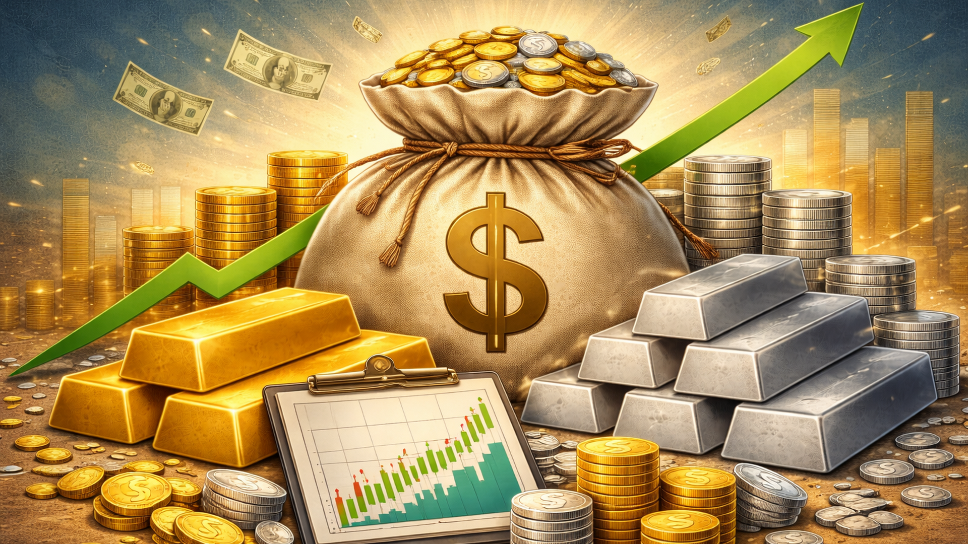 Illustration mit Gold- und Silberbarren, Münzstapeln und einem Geldsack vor steigender Kursgrafik, die vom Boom bei Edelmetallen profitiert.
